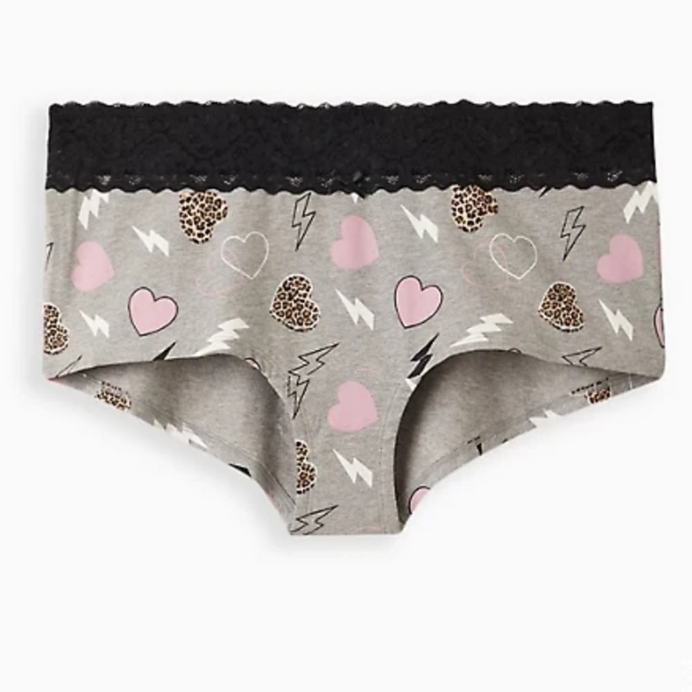 WIDE LACE TRIM BOYSHORT PANTY - COTTON HEARTS 💕 & BOLTS 🌩HEATHER GREY